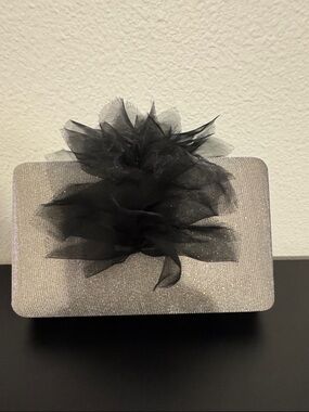 Sparkle Silver Evening Clutch with Black Floral Accent